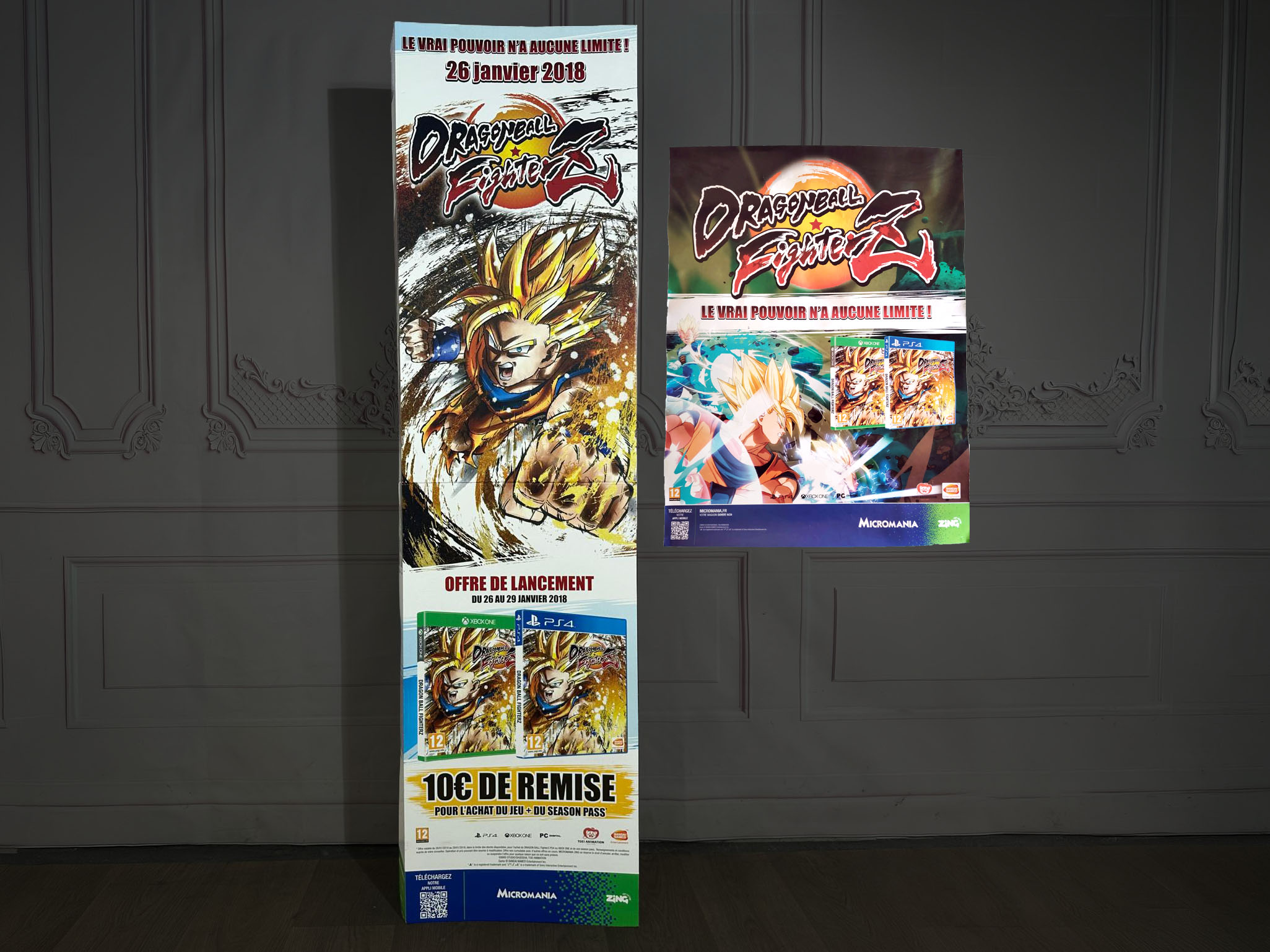 Dragon Ball FighterZ Micromania standee (170x 45cm) and promo poster (60x80cm)